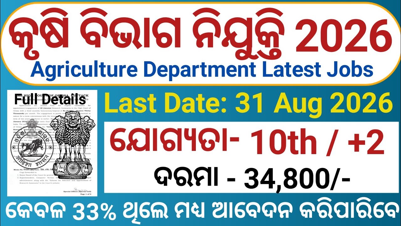 Agriculture Department Recruiment 2026/10th Pass Jobs/Full Details/Govt Jobs in Odisha