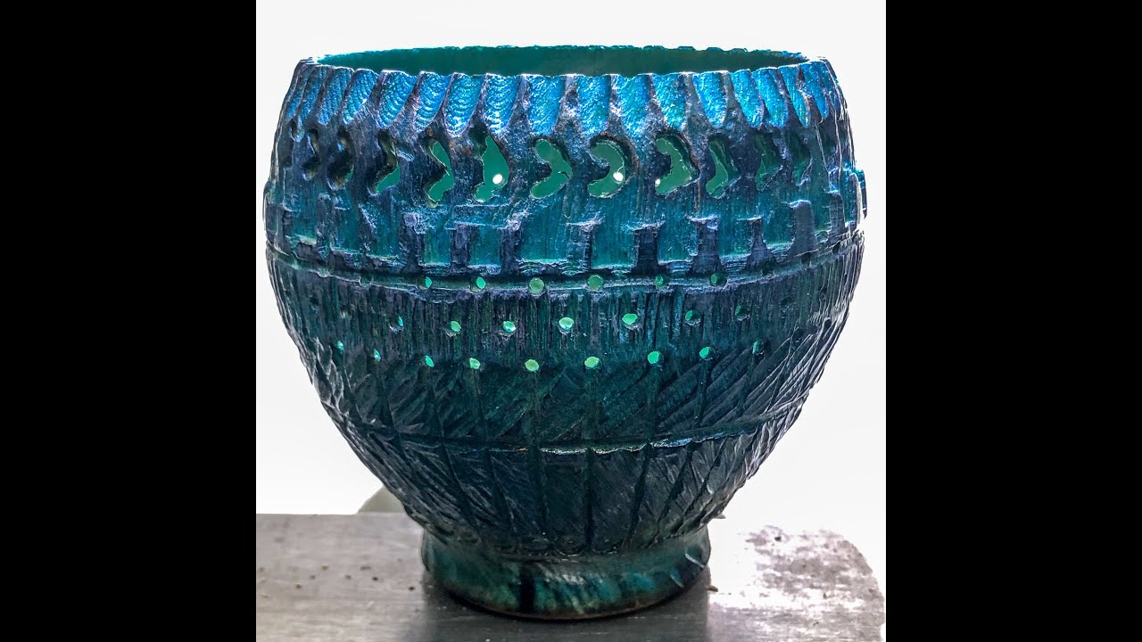 Woodturning: texturing, burning, piercing and colouring  a cedar vase