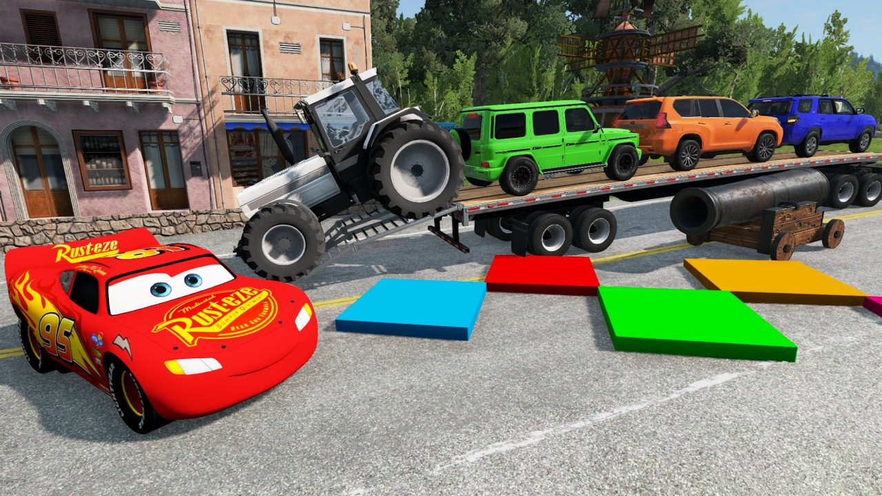 Flatbed Trailer McQueen Transportation with Truck - Speedbumps vs Cars vs Train - BeamNG.Drive #5