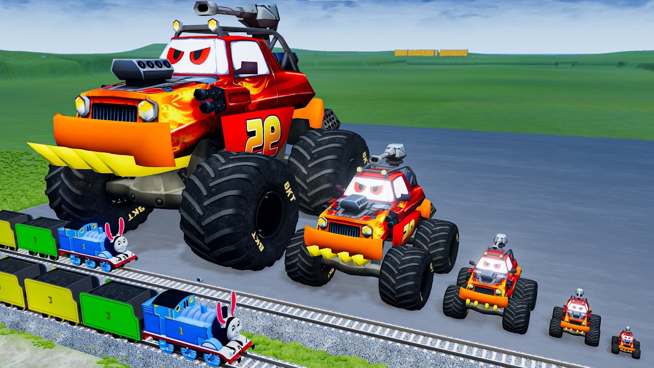 Giant EXCAVATOR TRAIN Mack Truck Eater VS Cars Lightning McQueen & Police Car - Beamng.Drive #1