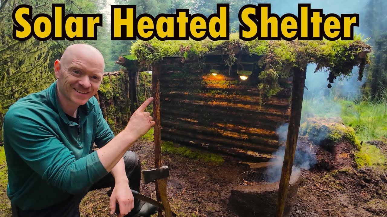 Solar Heated Bushcraft Shelter in the Woods