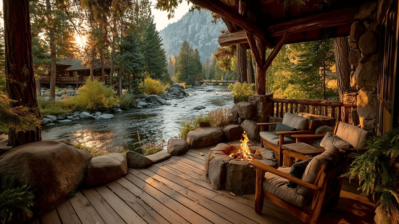 Relaxing Spring Morning Riverside Cabin Porch with Flowing River & Birds Sounds