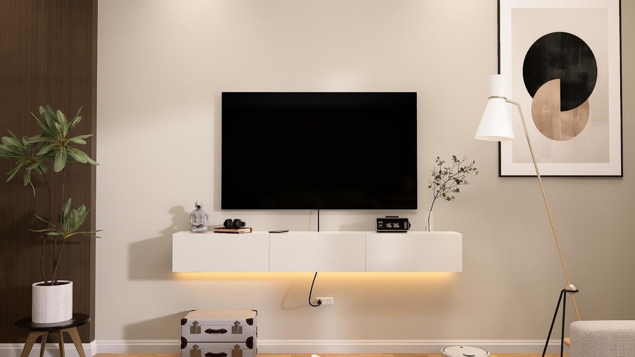 White Gloss Floating TV Stand &ndash; Wall Mounted Cabinet with Storage and Cable Management