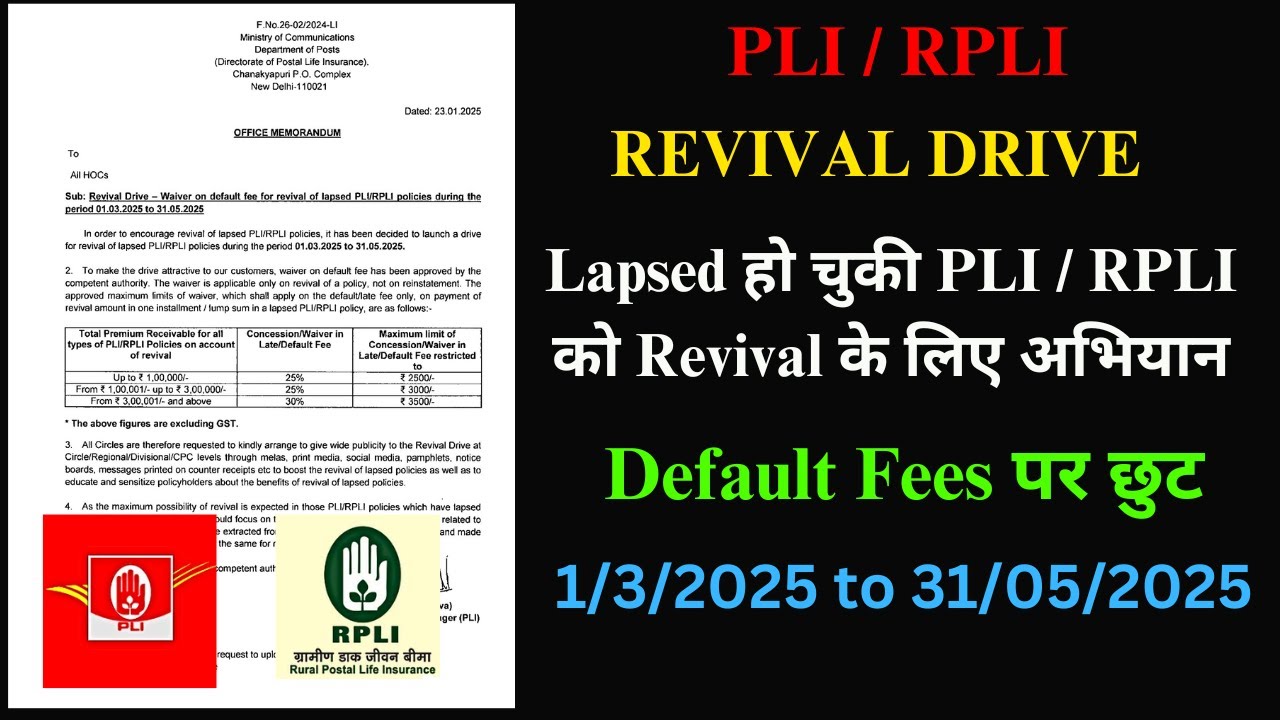 PLI RPLI Lapse Policy Revival Wavier on Late Fee | Revival Drive #postallifeinsurance #indiapost