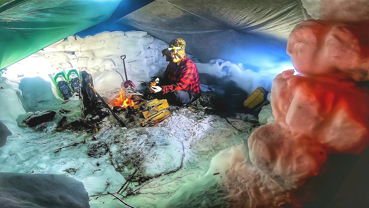 SOLO Bushcraft WINTER Camping in DEEP SNOW Build Warm SURVIVAL SHELTER W/ Fire Pit Inside ASMR cook