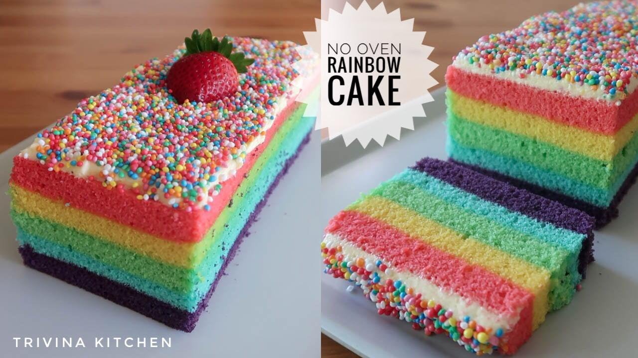 No Oven Rainbow Cake 2 Telur Lembut dan Enak