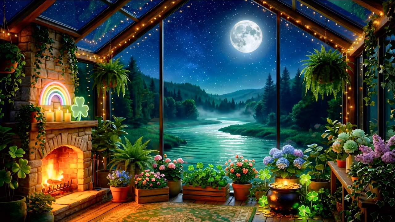Cozy St Patrick’s Moonlit Night ☘️ Riverside Cabin Ambience ✨ Fireplace & Relaxing Celtic Music | 4K