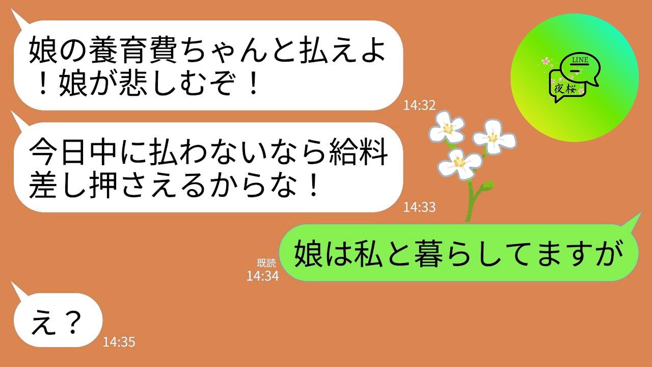 【LINE】3ヶ月前に離婚した元夫から怒りの連絡「娘の養育費払えよ！給料差し押さえにすんぞ！」私「娘は私と暮らしてるよね？」→アフォ夫が真実を知って絶望することにwww