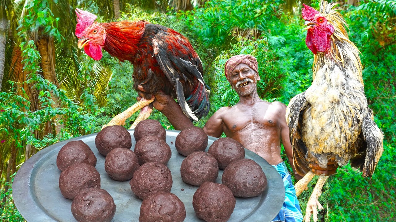 VILLAGE FAMOUS COUNTRY CHICKEN WITH KALI RECIPE | முரட்டு சேவலுடன் ஆரோக்கியமான களி |Grandpa's Food