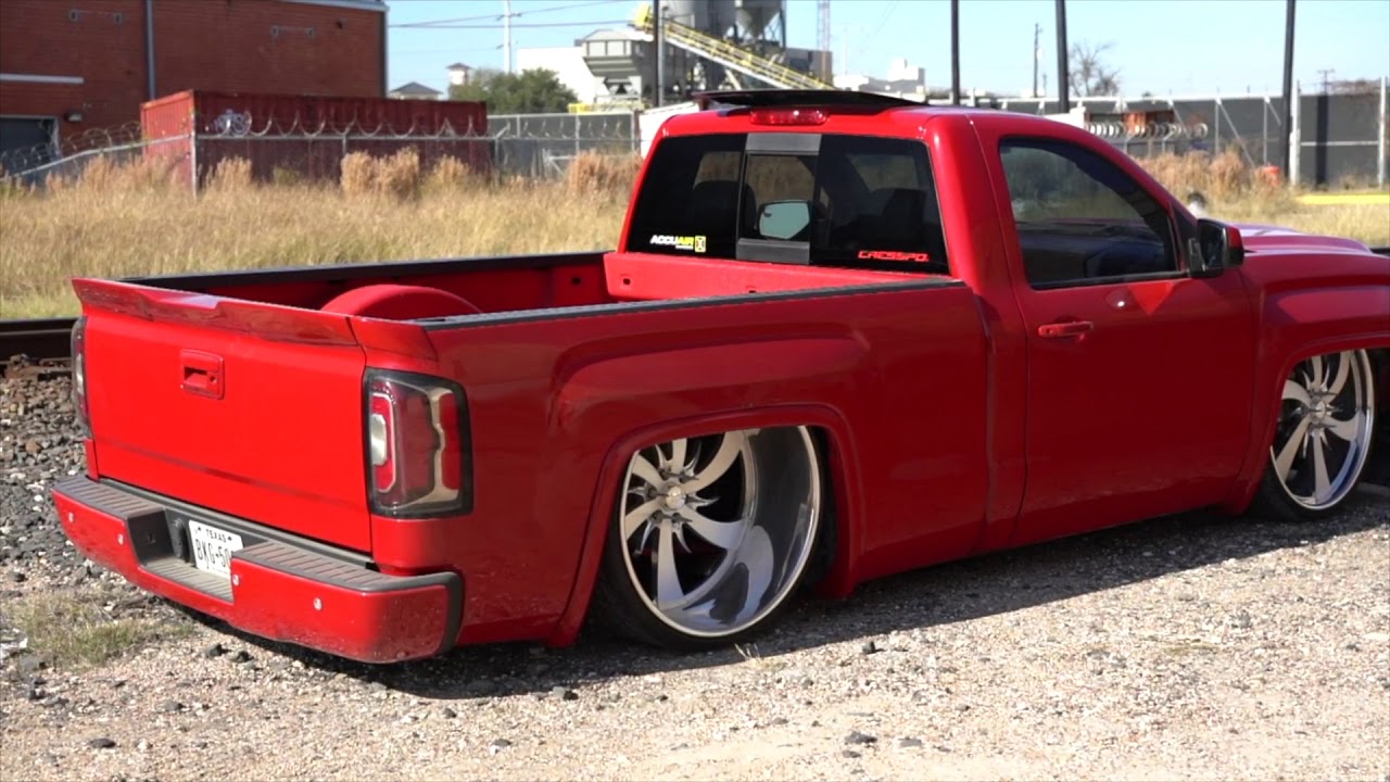 Bagged Accuair 2016 Single cab on deep dish 26x12 Intros with Cresspo wing in Houston Texas!