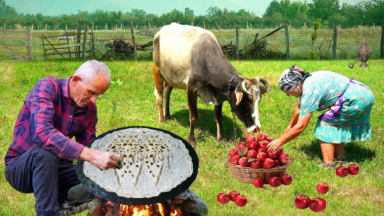 Один день бабушки и дедушки в горной деревне на Кавказе! | Бабушка приготовила говяжий ГУТАБ