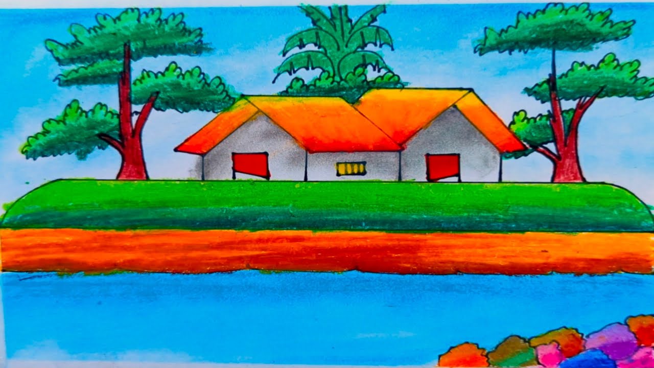 How to Draw Easy Step-by-Step Village House Scenery Drawing for Beginners