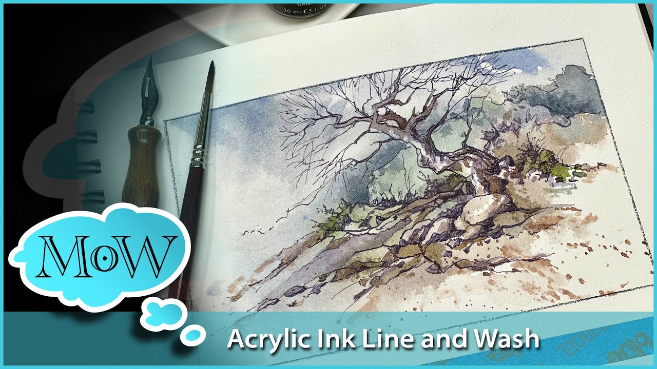 Acrylic Ink Line and Wash. Watercolor Landscape.