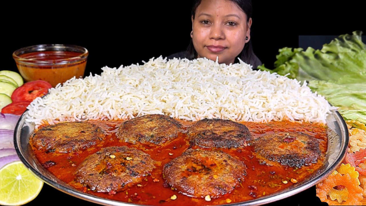 EATING SHAMI KEBAB GRAVY WITH BASMATI RICE, PAPAD & SALAD | EATING SHOW | ASMR MUKBANG