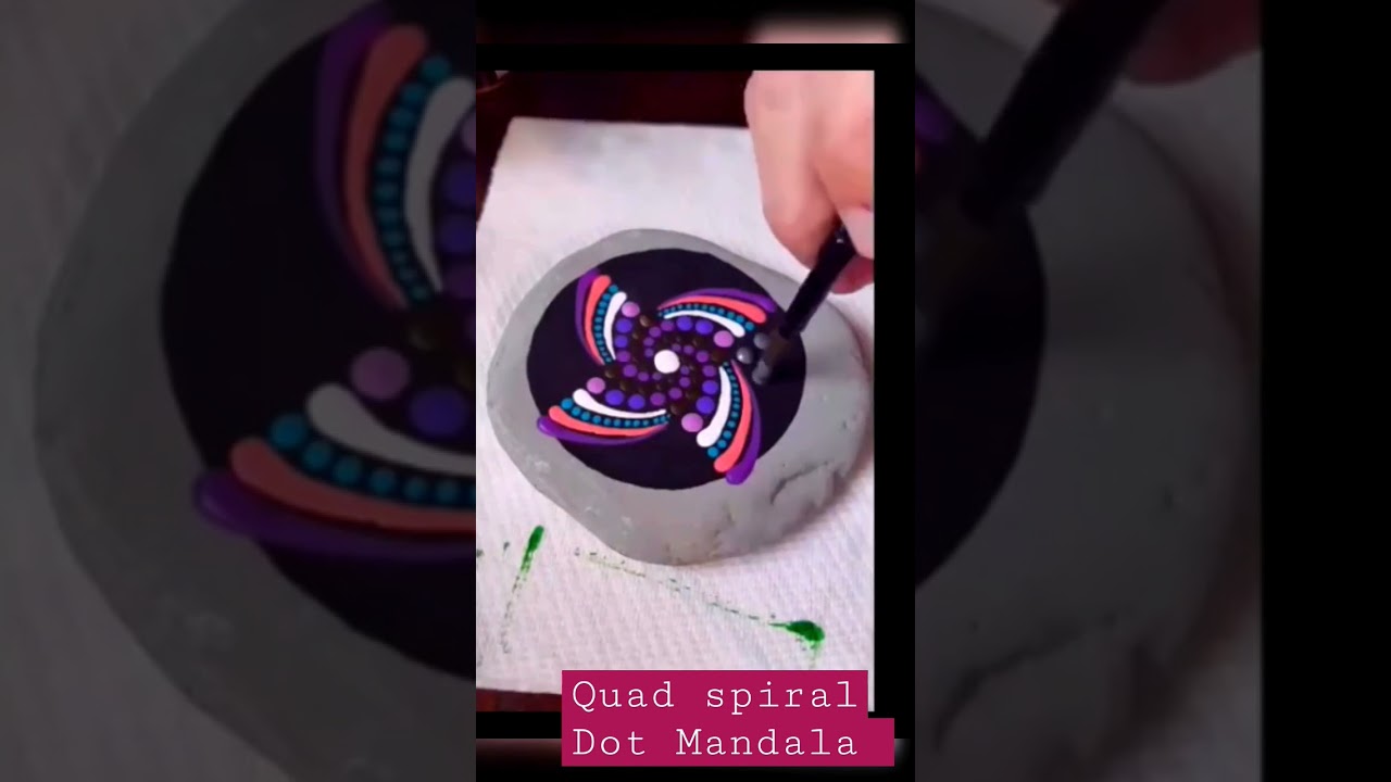 Short: Quad Spiral Dot Mandala on Natural Beach Stone - Brushwork Painting by Miranda Pitrone