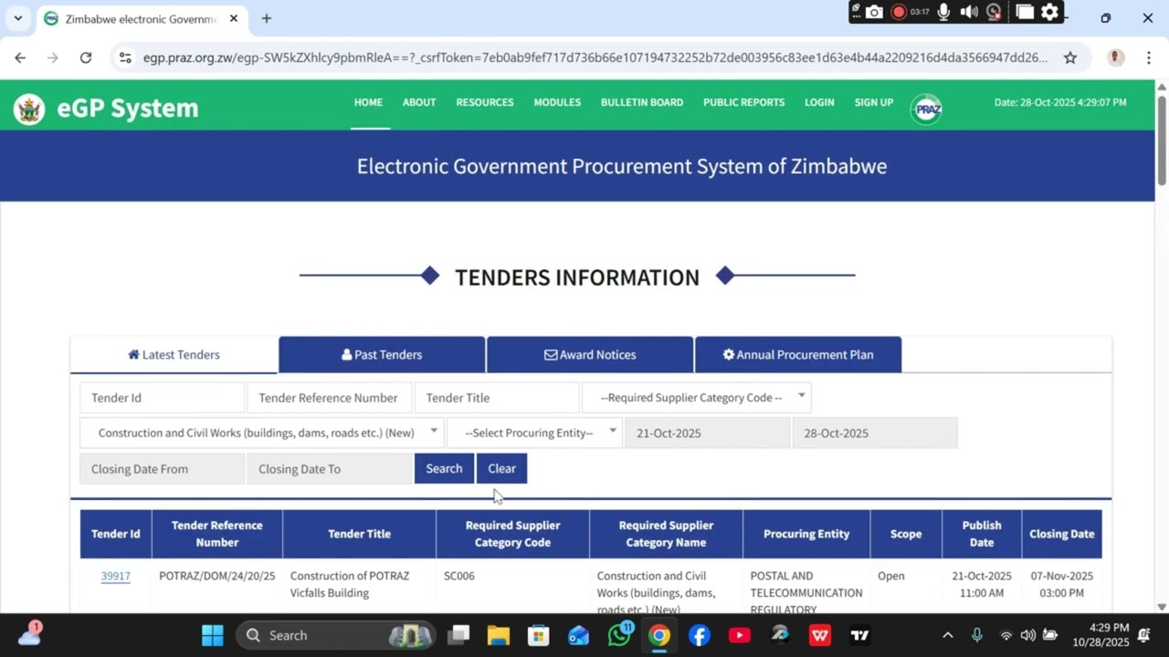 How to search for tenders on the Zimbabwean EGP system PRAZ portal step by step guide