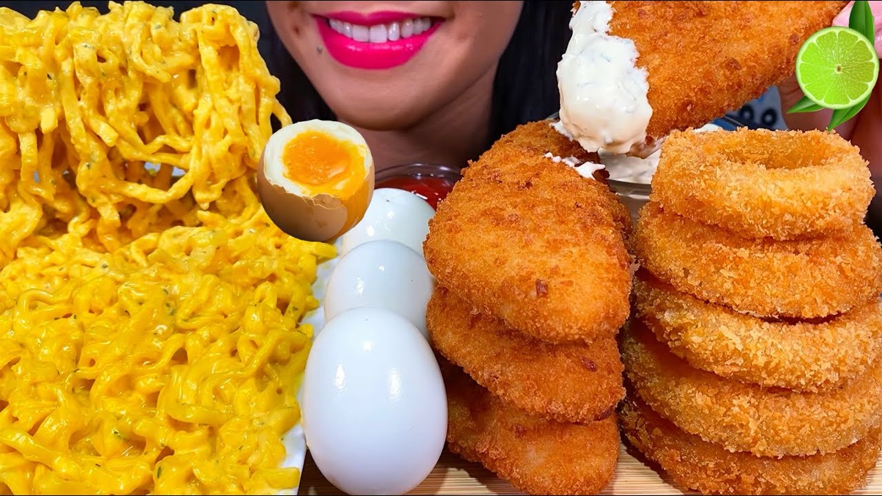 ASMR CHEESY SPICY NOODLES, FRIED FISH, SOFT BOILED EGG, ONION RINGS MASSIVE Eating Sounds
