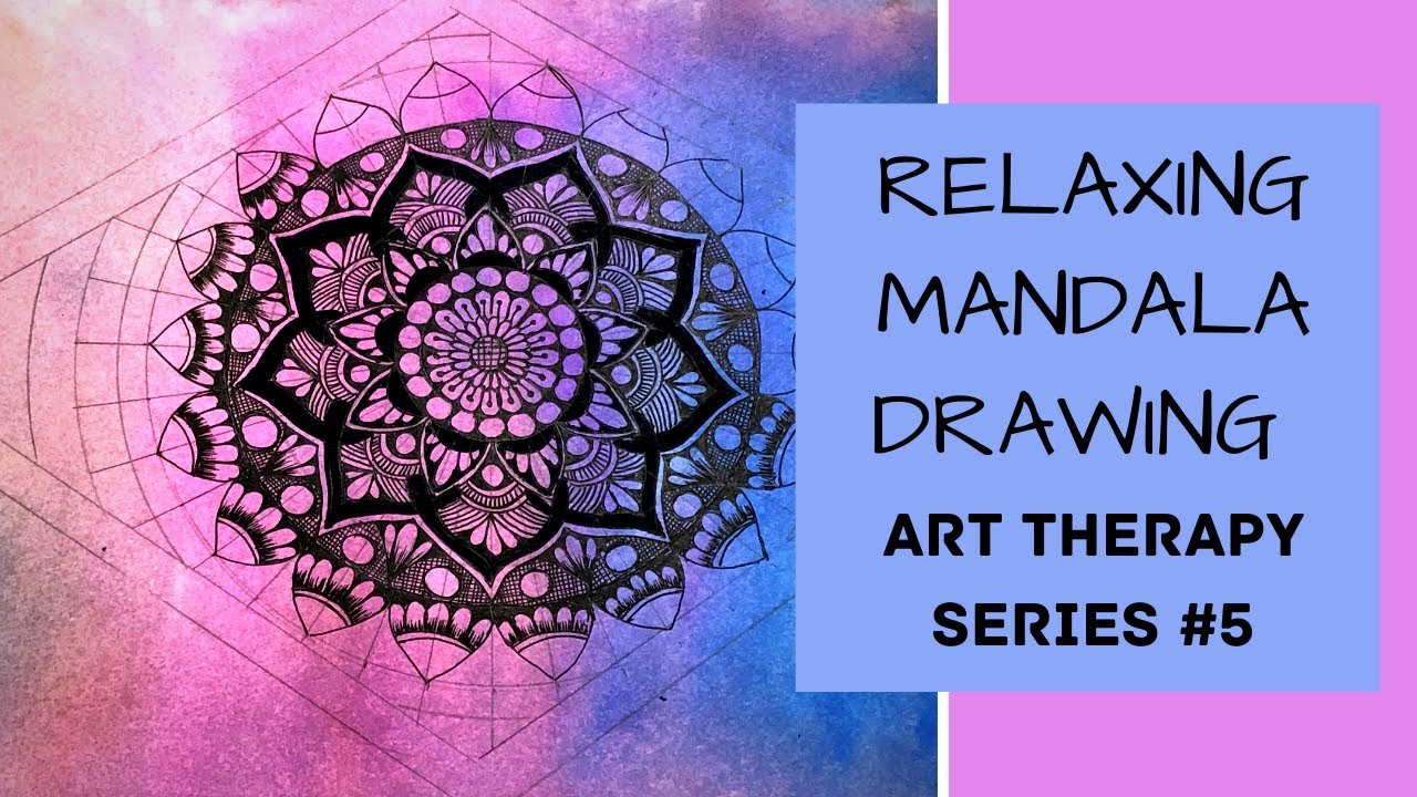 Art therapy series #5. Relaxing Mandala meditation step by step. Mandala drawing on watercolour BG.