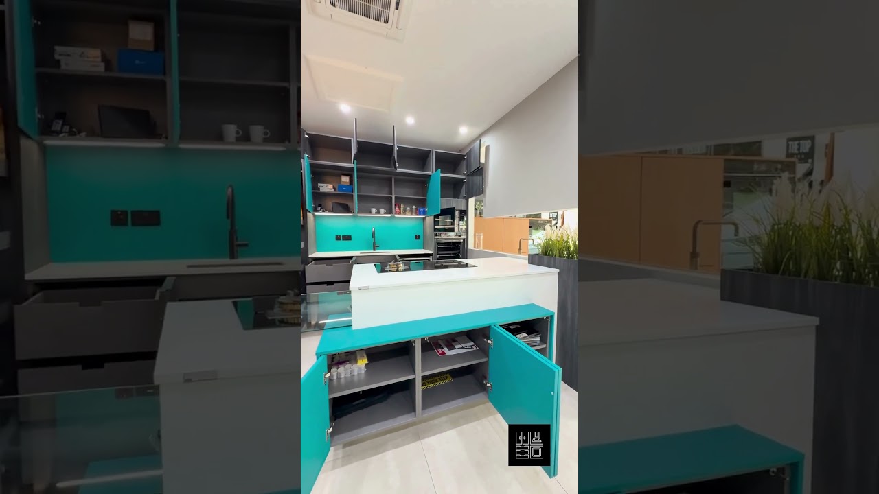 Ex Display Hacker Okobo Black Grey Crystal White & Blue Kitchen with Peninsula