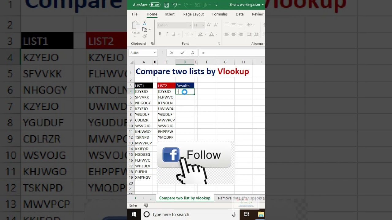 Compare two list using vlookup #shorts