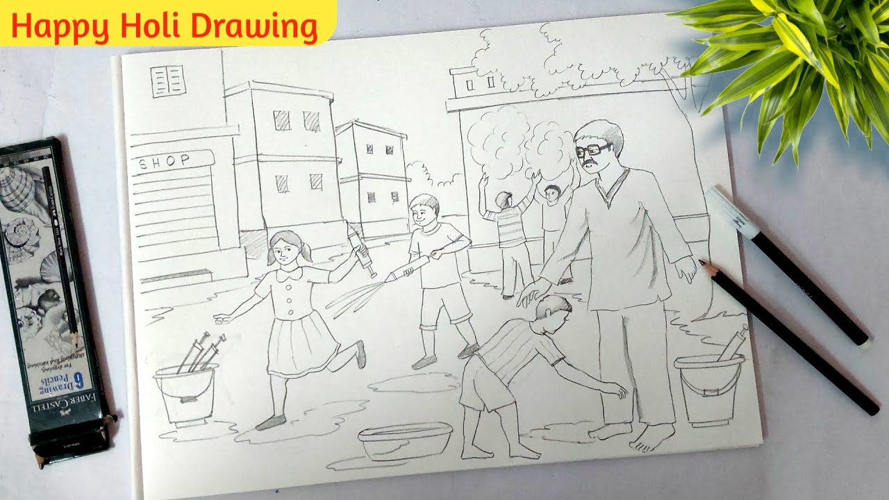 Holi Festival Scenery Drawing with Oil Pastel/ How to Draw Holi Festival Easy Step by Step