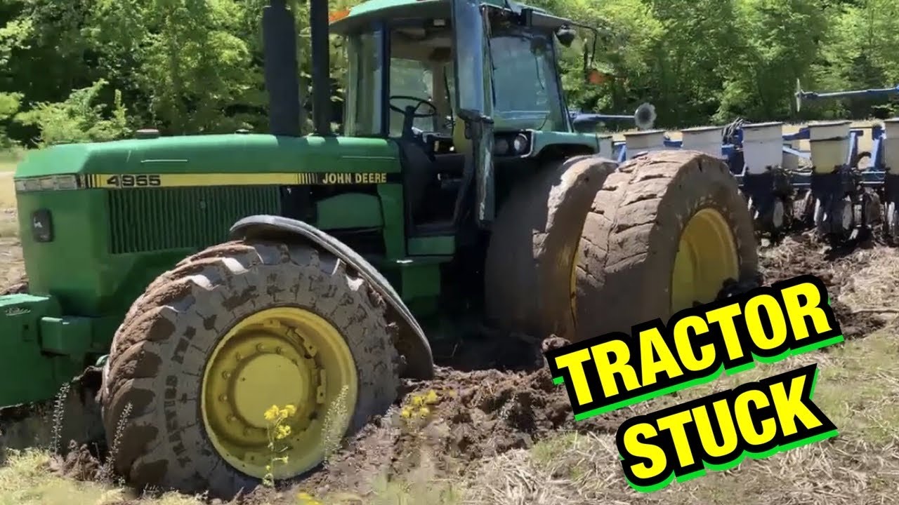 TRACTOR STUCK  -  Pulling John Deere 4955 & Kinze Planter out of the mud!
