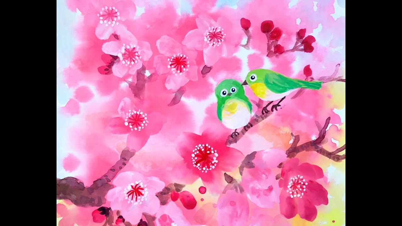 5分でわかる　水彩さくらとメジロ