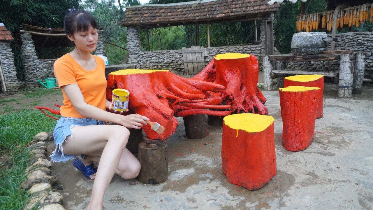 Harvest tree stumps and make tables and chairs - Woodworking craft - Spray paint color - Farm life
