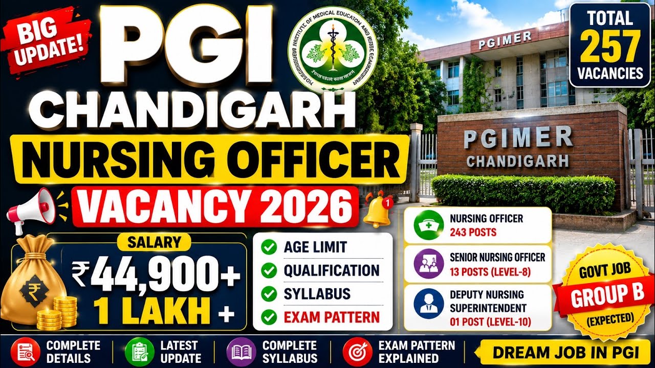 PGI Chandigarh Nursing Officer Vacancy 2026 | Salary💰Age, Qualification, Syllabus & Exam Pattern