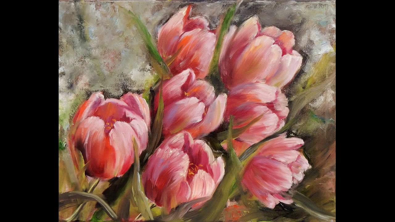 DEMO Oil painting of flowers. Tulips.
