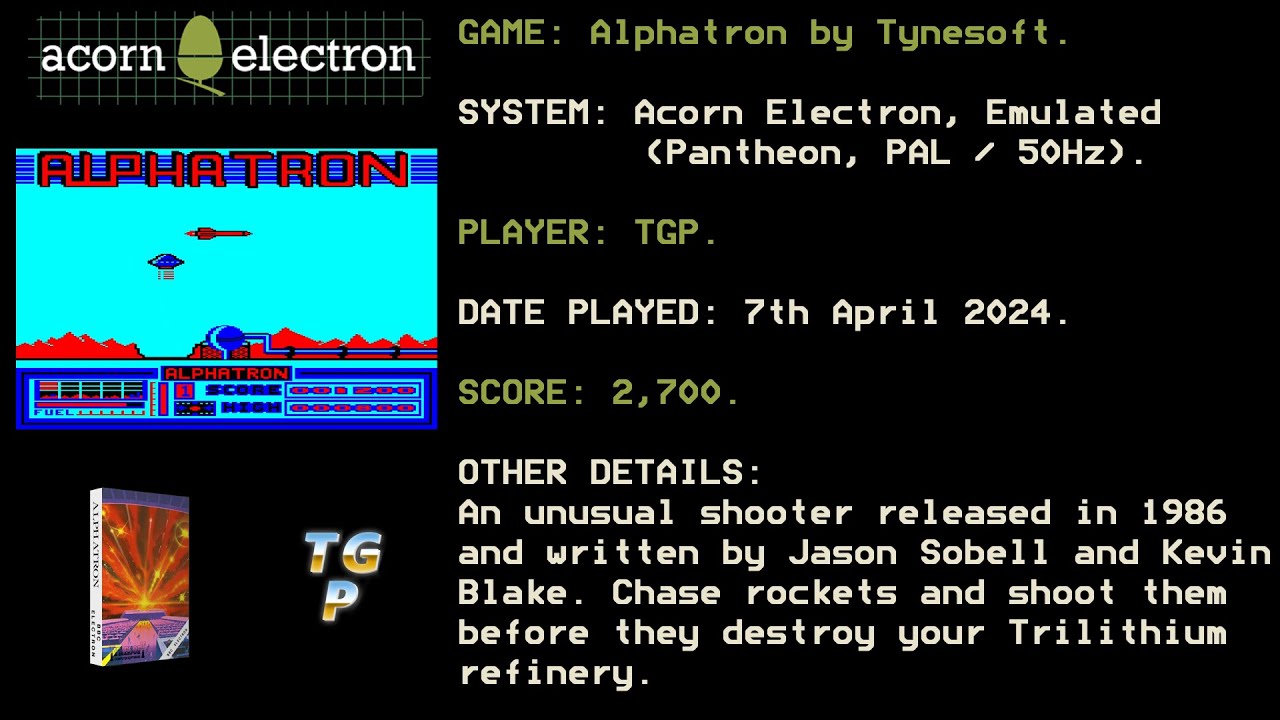 Alphatron - Tynesoft - Acorn Electron - Emulated, Pantheon - 2,700 points.