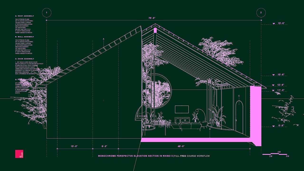 Perspective Section Elevation in Rhino 8 - Architecture Illustration Style