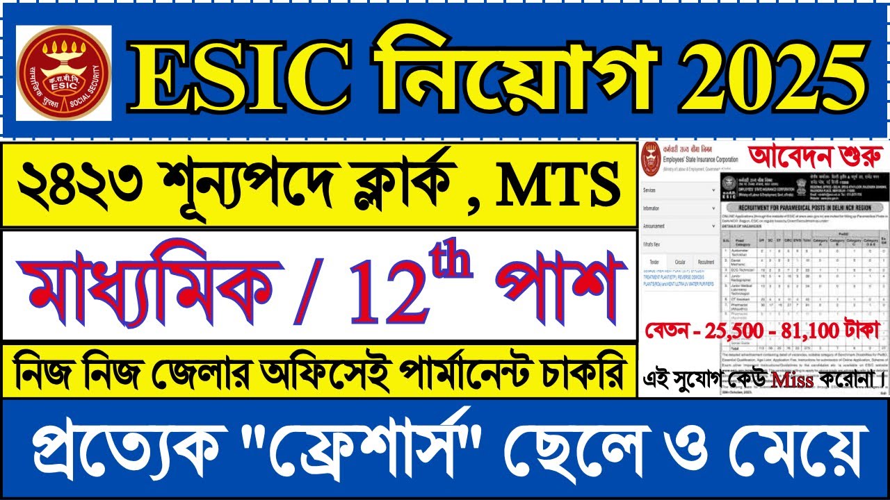 ESIC অফিসে CLERK ও MTS নিয়োগ শুরু | 2423 Post | ESIC New Vacancy 2025 | Govt Jobs | #esic #job