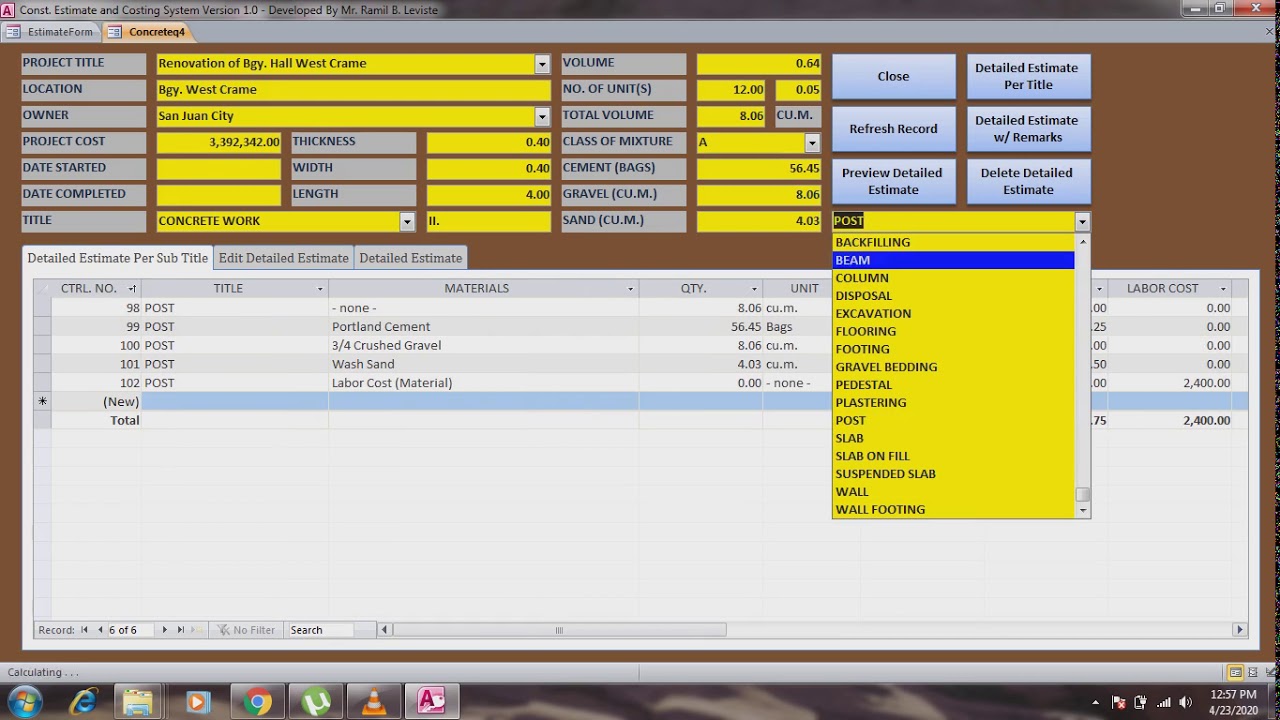 Construction Estimate and Costing System developed in MsAccess Ver.1.0