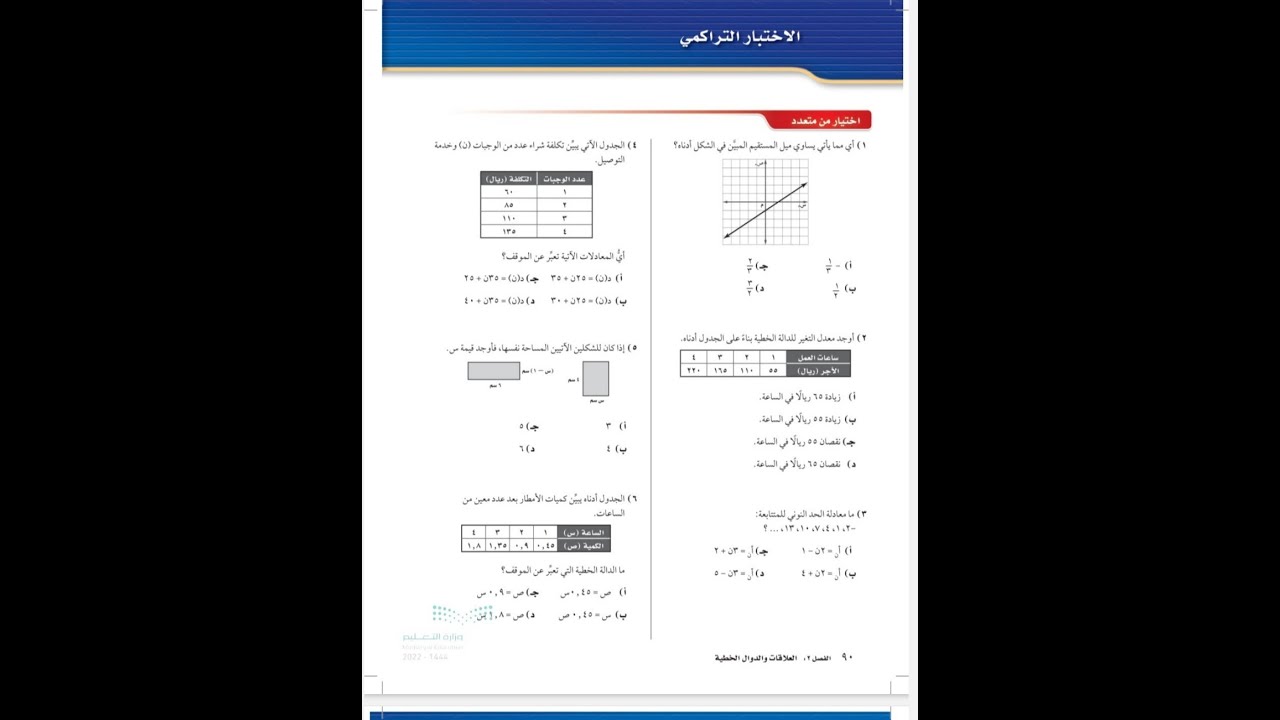 حل الاختبار التراكمي الفصل ٢ ثالث متوسط رياضيات صفحة ٩٠ - الفصل الدراسي الاول