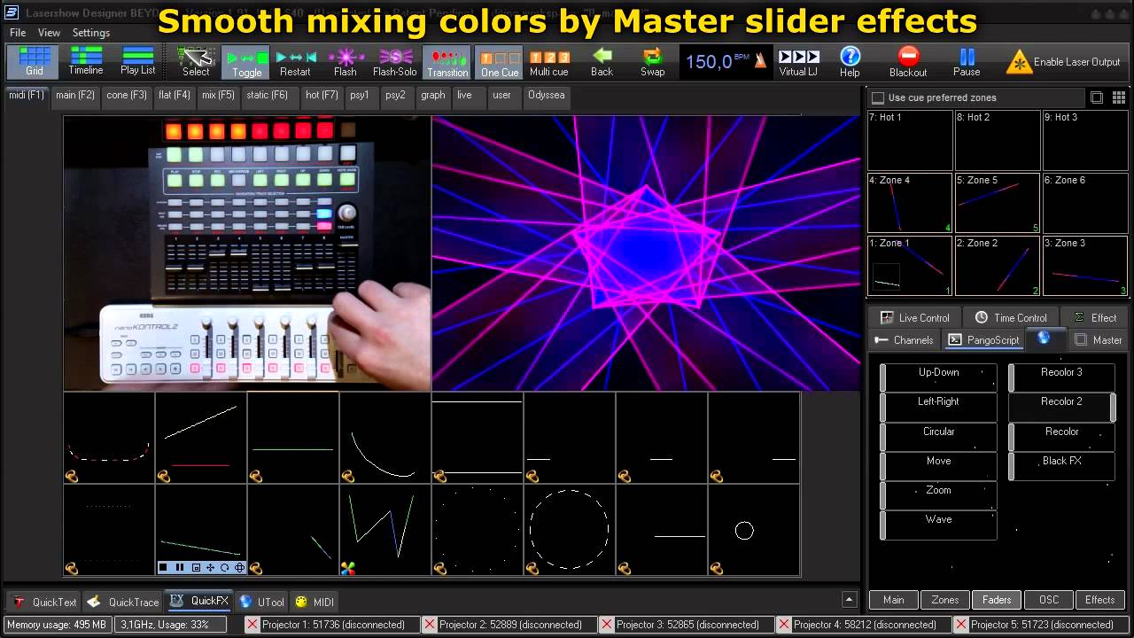 Pangolin Beyond multizone effects and cue time shift, live laser show control with midi controllers