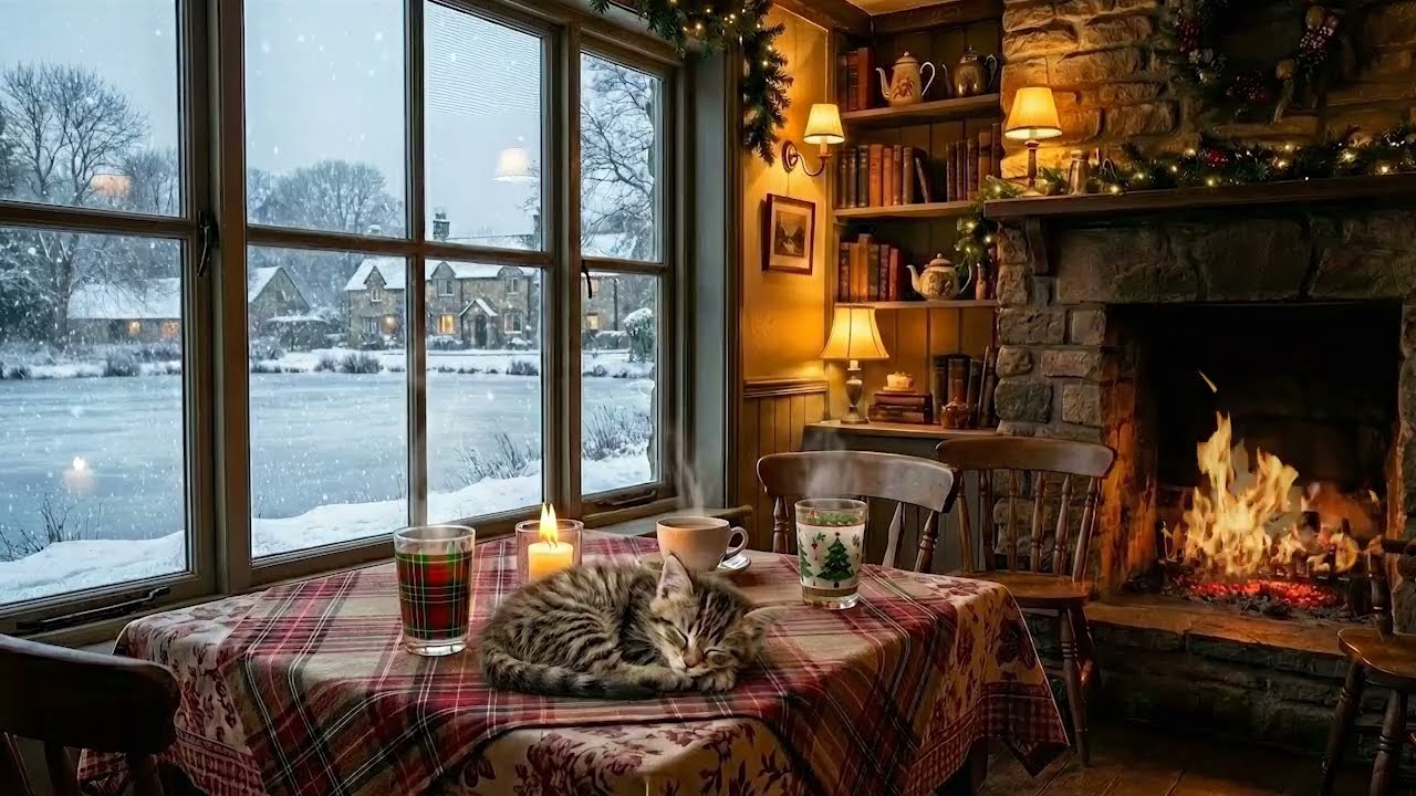 Cozy Winter Lake Café ❄️ Cozy Fireplace Sounds & ☕ Peaceful Jazz Piano & Warm Fireplace Ambience