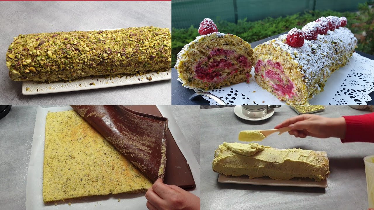 Gâteau roulé aux pistaches et framboise رولي بالفسدق و الفرمبواز