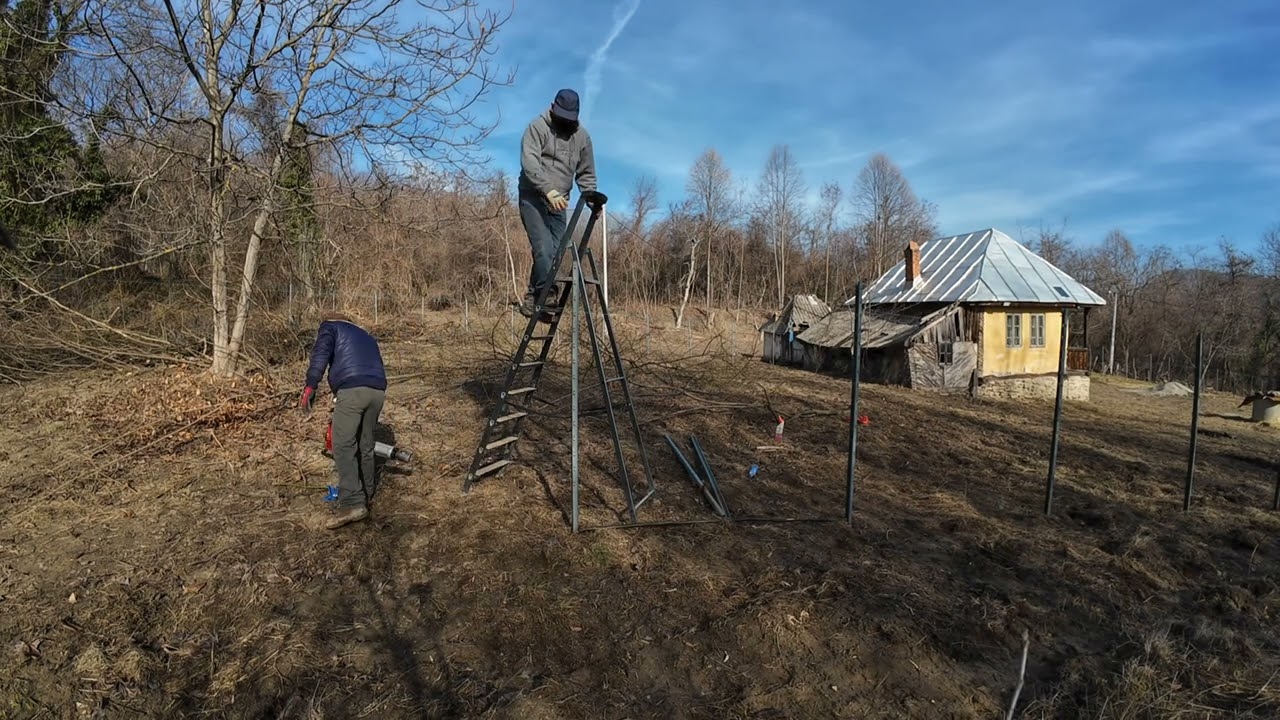 Gard din şpalieri metalici, bătuți  cu un dispozitiv de bătut stâlpi