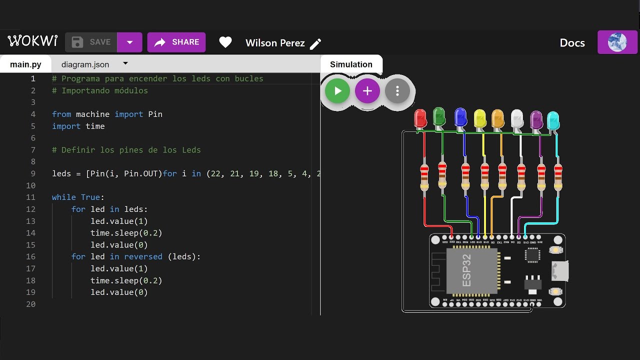 Montaje 23: Programado en un ESP32 leds con bucle while, for y listas en python y wokwi