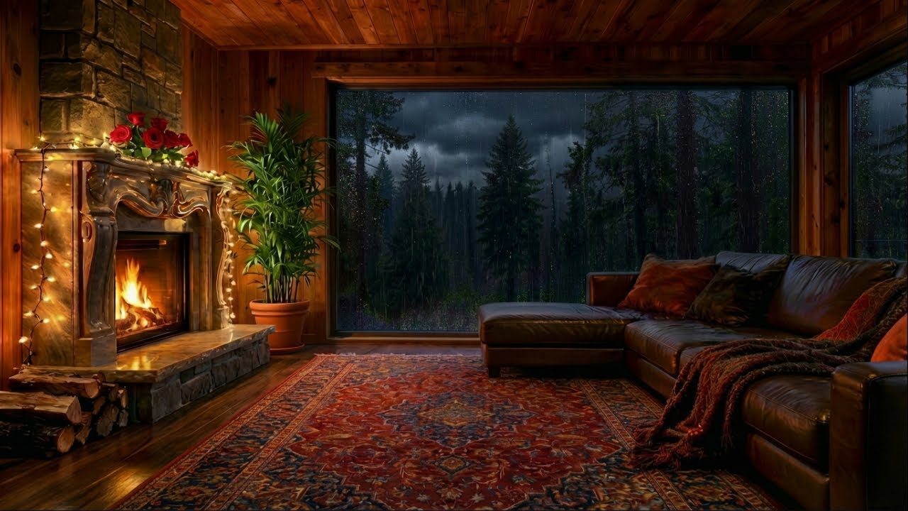 🔥 Cozy Cabin Heavy Rain 24/7 | 🌧️ Rain Sounds & Crackling Fireplace