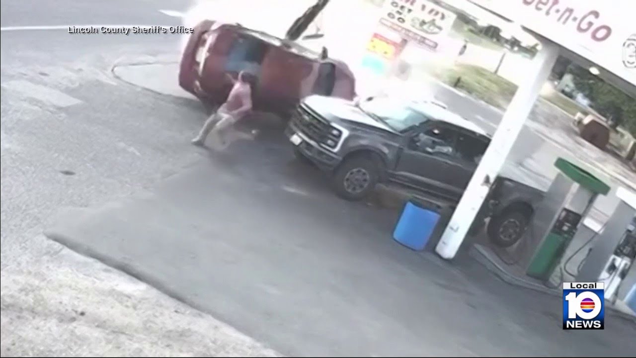Man at gas station barely dodges rolling car after crash