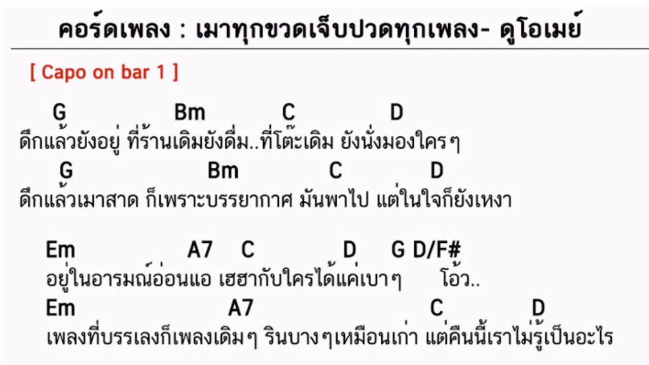 คอร์ดเพลง เมาทุกขวดเจ็บปวดทุกเพลง - ดูโอเมย์