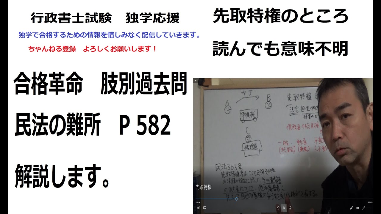 行政書士　読んでも意味不明　合格革命肢別過去問　民法の難所　P582　先取特権を解説します。