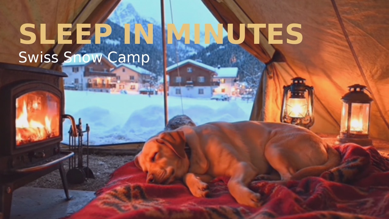 SLEEP IN MINUTES | Snowy Swiss Village Winter Tent Camp 🔥 Fireplace & Wind Sounds