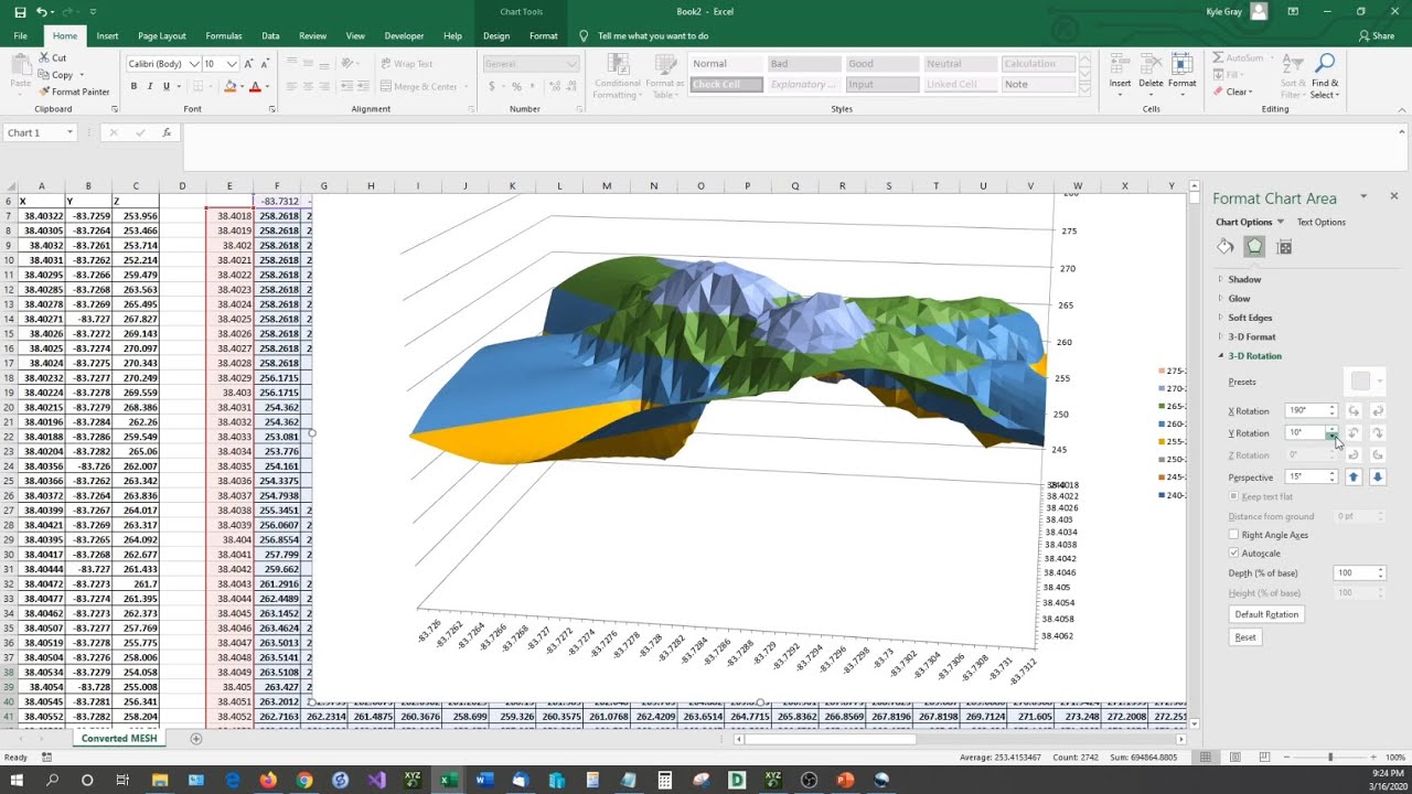 Graph X Y Z Data Inside Microsoft Excel in 3D - 3D Scatter, 3D Surface, XYZ Mesh