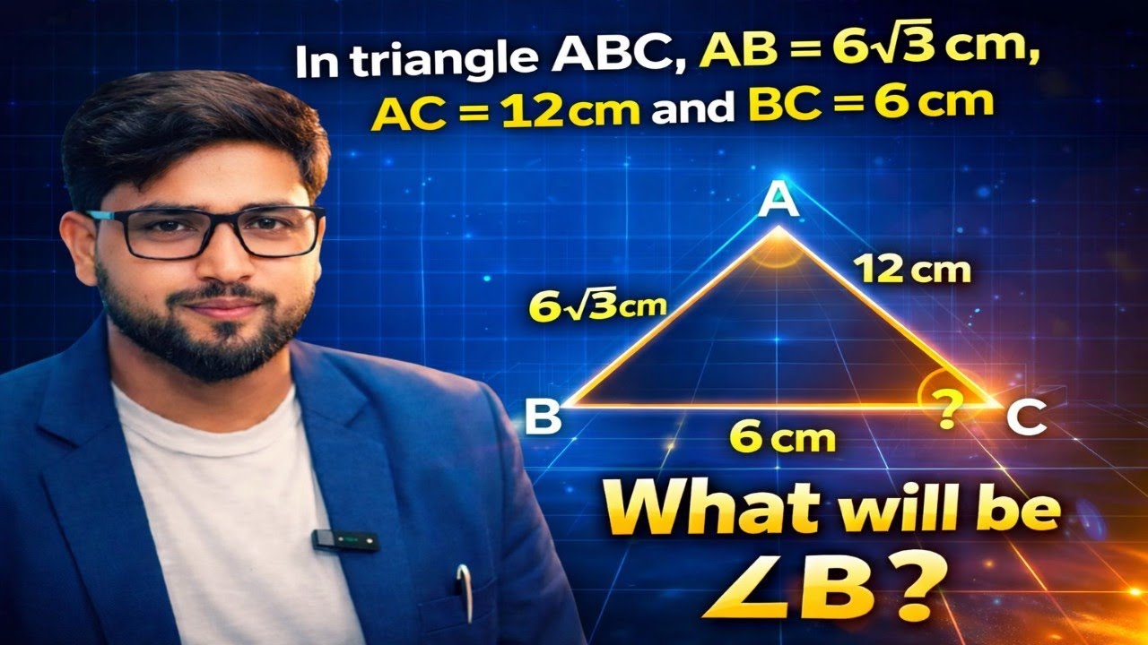 त्रिभुज ABC में, AB = 6√3 cm, AC = 12cm और BC = 6 cm है तो कोण B क्या होगा ?