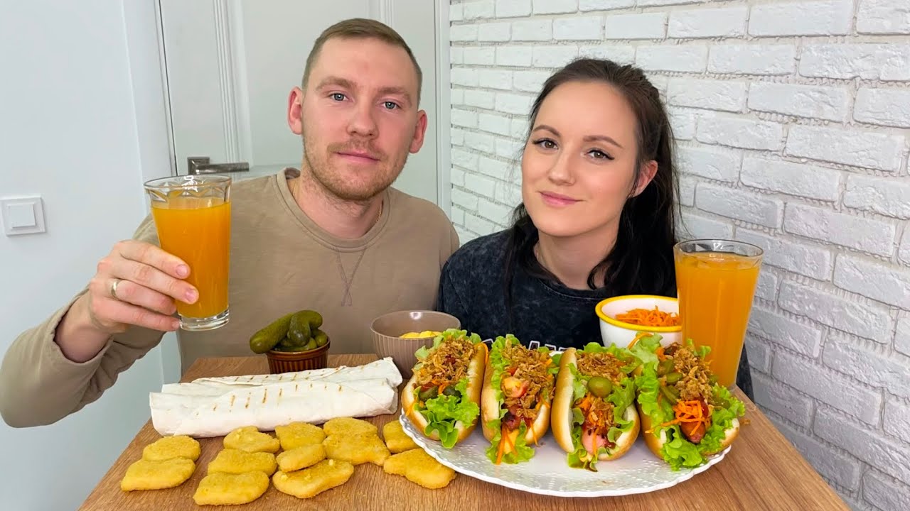МУКБАНГ ХОТ-ДОГИ НАГГЕТСЫ СОСИСКИ С СЫРОМ В ЛАВАШЕ КОРЕЙСКАЯ МОРКОВКА КОЛЛАГЕН MUKBANG ASMR