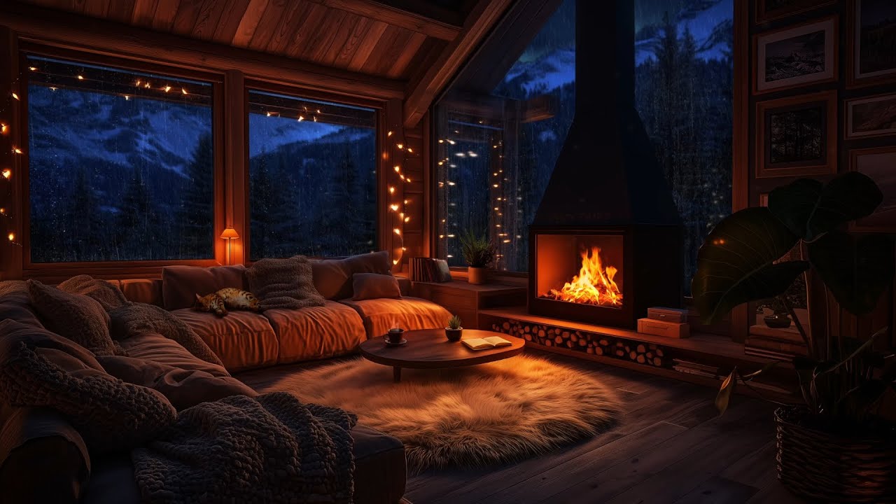 Thunderstorm with Rain and Crackling Fireplace | Cozy Living Room & Sleeping Cat