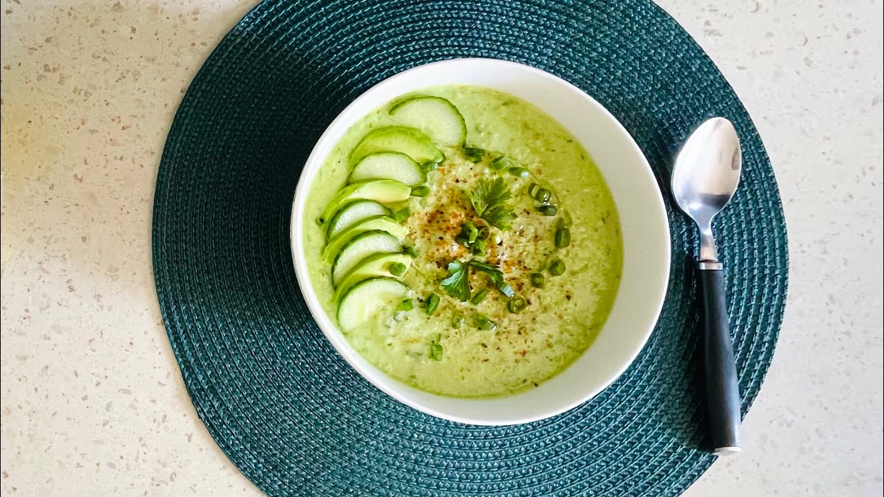 Cucumber Avocado Gazpacho with a green chili twist.